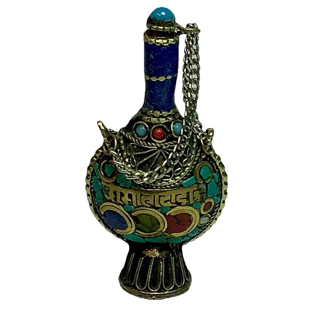Vintage Nepal Handmade Copper Snuff Bottle Gemstone Inlaid Chinese Collectible - Picture 2 of 4